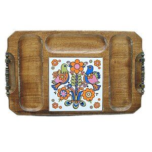 Japanese Wood Tray Love Bird Theme Metal Handles Decorative Serving Platter Vtg